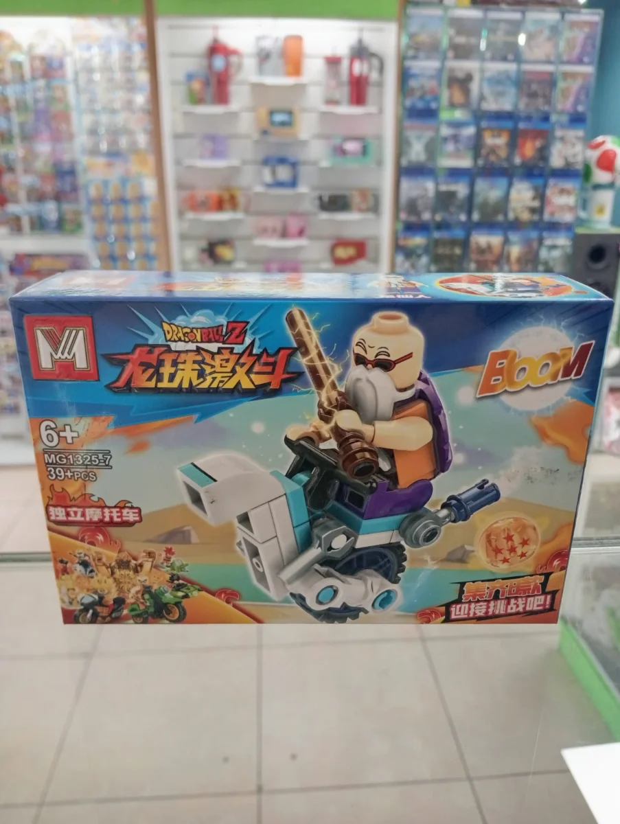Set de bloques armables Dragon Ball con guerrero de cabello blanco y motocicleta