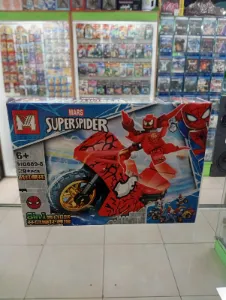 Set de bloques armables Spider-Man con personaje rojo y motocicleta