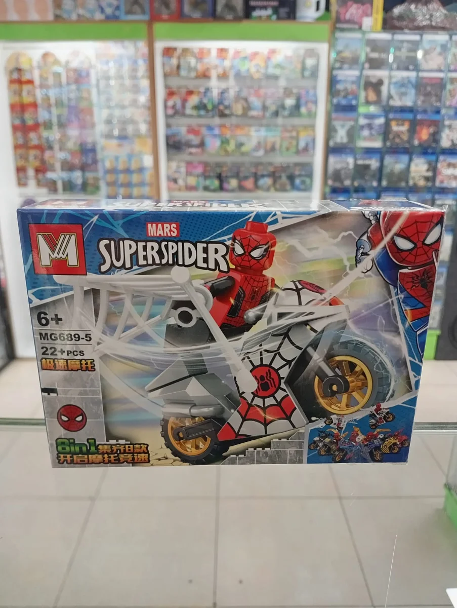 Set de bloques armables Spider-Man con personaje rojo y motocicleta blanca