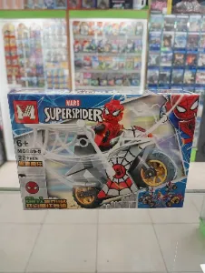 Set de bloques armables Spider-Man con personaje rojo y motocicleta blanca