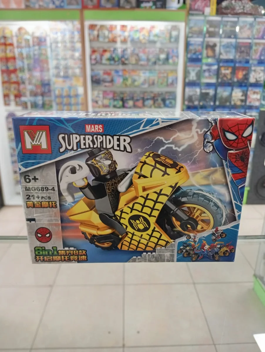 Set de bloques armables Spider-Man con personaje amarillo y motocicleta