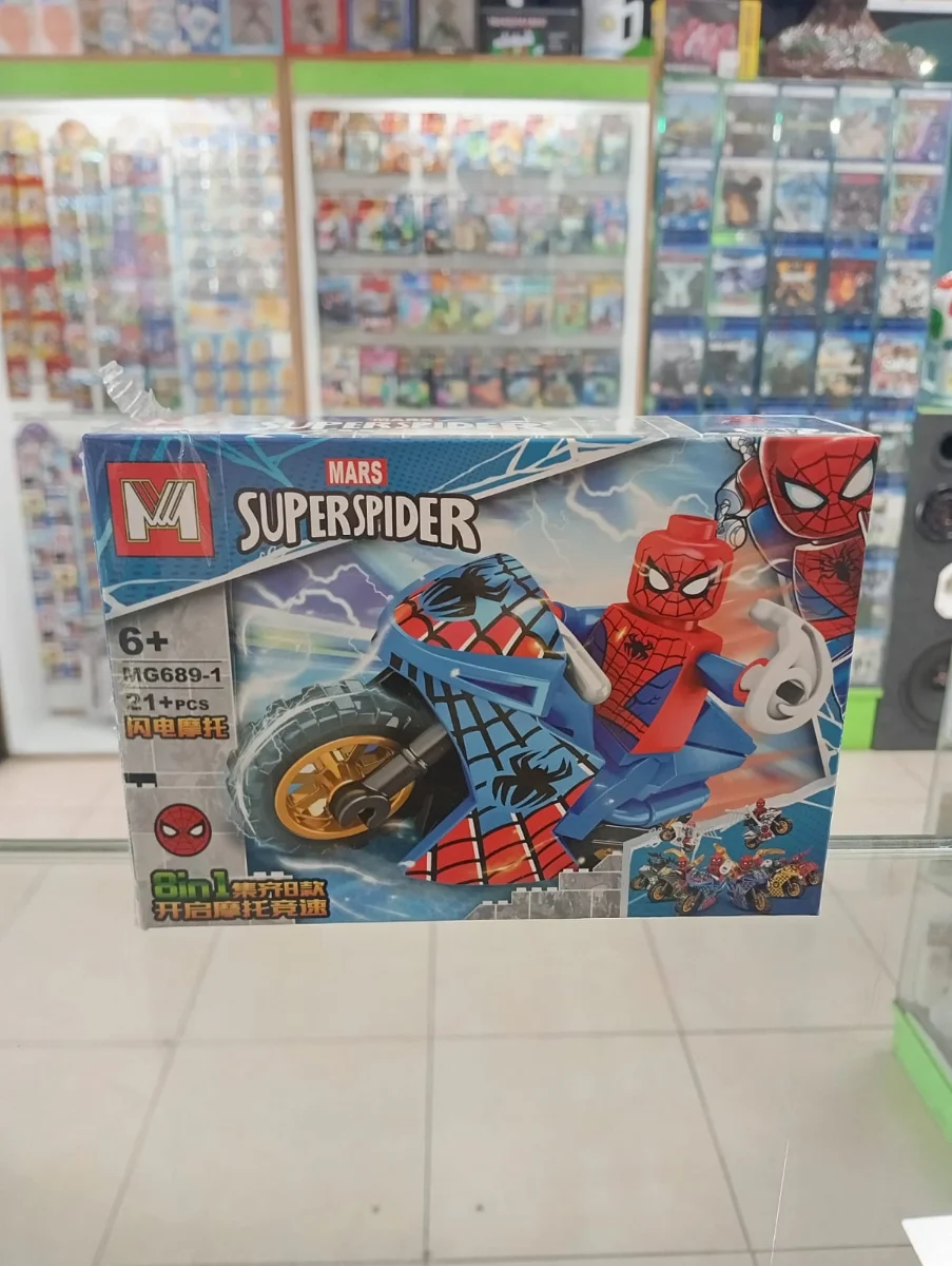 Set de bloques armables Spider-Man clásico con motocicleta azul